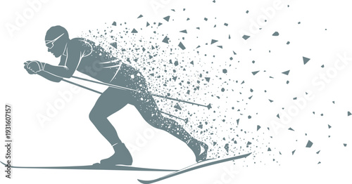Dynamic grey silhouette of a cross country skier in motion with a dramatic exploding particle effect, isolated on a white background.