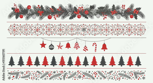 Christmas decoration elements with red and black ornaments.