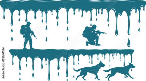 Military soldier silhouettes with dogs and melting paint background, armed special forces tactical team, vector illustration isolated on white background, dark teal.