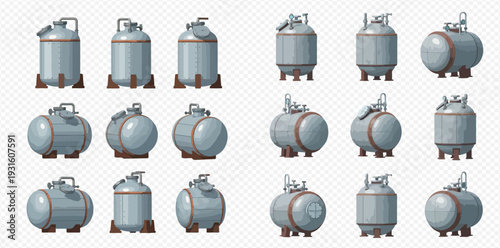 Set of industrial storage tanks for gas, oil, and liquid products, including propane, fuel, and water containers.