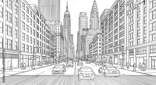 New York City Skyline Line Art Illustration Featuring Empire State Building Chrysler Building Busy Street with Cars and People Walking