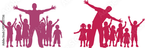Pink silhouette of happy teacher or father with group of joyful children raising hands, family and education concept, isolated white background.