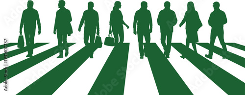 People walking on zebra crosswalk silhouette, urban pedestrian street crossing, city lifestyle commute, group of men and women with shopping bags.