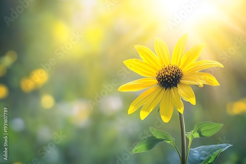 Bright sunshine illuminates a vibrant yellow rudbeckia flower in a tranquil, sunny field