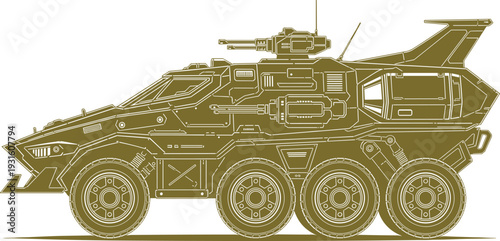 Powerful gold silhouette of an advanced futuristic armored military vehicle with heavy weapon turrets, tactical sci-fi eight wheeled combat transport on white.