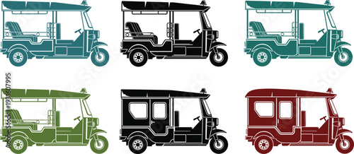 Set of colorful auto rickshaw silhouettes featuring open and closed cabin designs, traditional three-wheeled motorized transport vehicles for urban commuting in Asia.