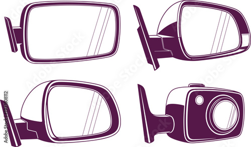 Set of four purple car side mirror illustrations showing different angles and designs, including a modern rear view mirror with a camera.