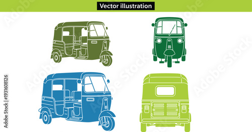 Set of four colorful rickshaw illustrations featuring front, side, and rear views of an auto rickshaw, traditional Asian transport vector on white.
