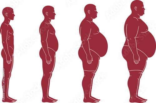 Set of four red silhouettes showing the stages of male weight gain and body transformation from a thin physique to obesity.