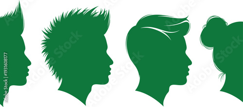 Set of green male and female head profile silhouettes showing diverse modern hairstyles including a mohawk, spiky hair, undercut, and a bun.