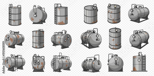 Set of industrial storage tanks, barrels, and containers for liquids and gases, featuring various designs and gauges.