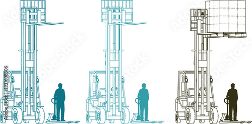 Set of three colorful forklift and pallet jack illustrations featuring silhouettes of warehouse workers and industrial machinery lifting heavy cargo box pallets.