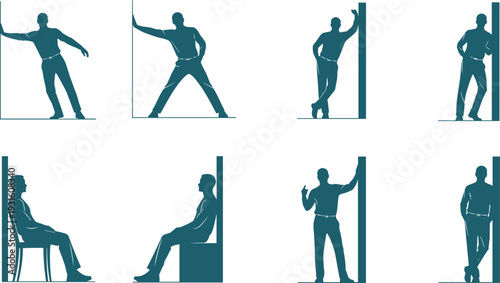 Silhouette set of man in various poses leaning against wall and sitting on chair, male character vector illustration isolated on white background.