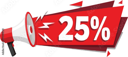 Red megaphone announcing 25 percent discount with white text and lightning bolt graphics