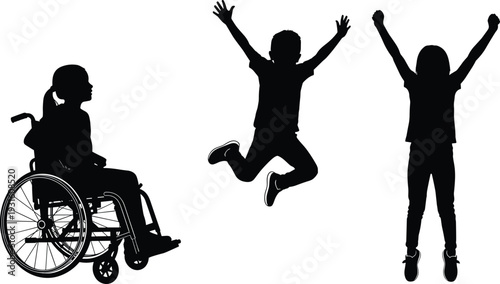 Children silhouettes jumping with happy disabled child in wheelchair inclusive friendship diversity freedom childhood activity vector illustration