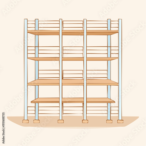Shelving unit illustration with multiple wooden shelves and metal frame on a light background