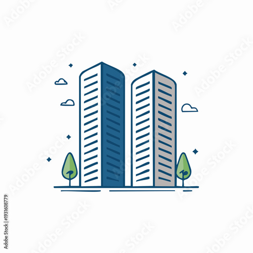 Stylized graphic of contemporary high-rise structures symbolizing urban development and future cityscapes in a clean vector style