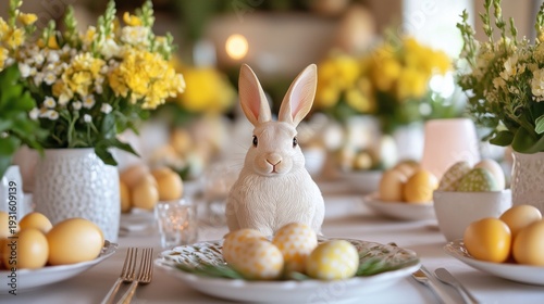 Spring Celebration With Easter Decorations and Bunny Centerpiece on a Dining ...