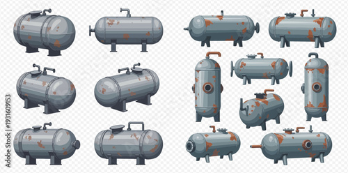 Set of old rusty metal tanks for gas or water storage.