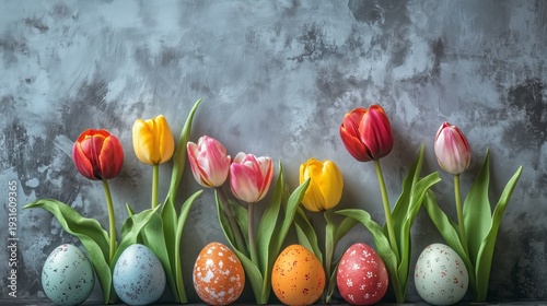 Colorful Tulips and Decorated Eggs on a Surface During Spring Season