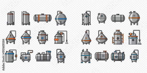 Industrial storage tanks and chemical reactors pixel art icons set, isolated vector illustrations on a transparent background.
