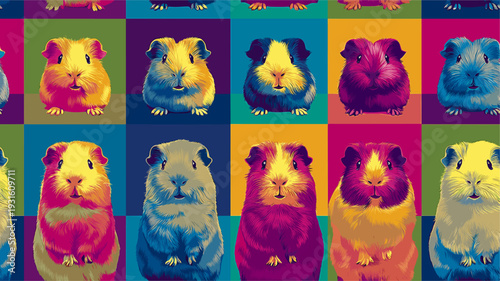 Nine cute guinea pigs in a colorful pop art distinct grid pattern. Pop art guinea pig distinct pet portraits grid