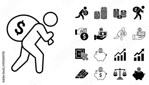 Money and finance icon set with dollar bag coins and saving charts
