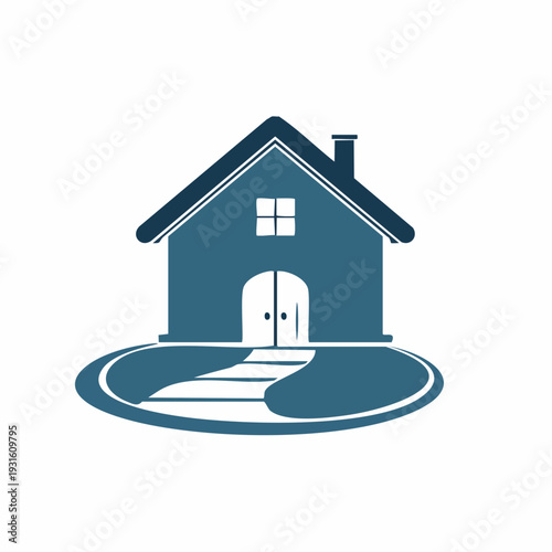 Abstract blue house icon with welcoming pathway, symbolizing residential property, real estate, and home ownership