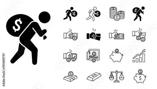 Money and finance icon set with dollar bag coins and saving charts
