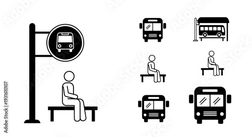 Bus stop icon set with passenger sitting on bench and transit signs
