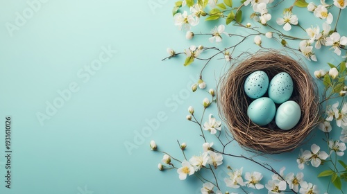 Colorful Eggs in a Nest Surrounded by Flowers on a Blue Background During Spr...