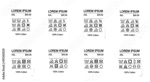 Clothing tag set with laundry care symbols and garment hanging labels

