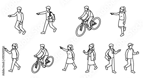 Isometric people walking cycling and pointing gesture icon set
