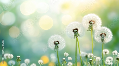 Dandelions Grow in a Field With Blurred Background and Sunlight Illuminating ...