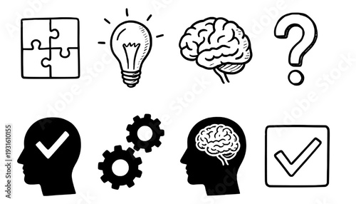 Brain and mental process icons set with idea bulb and puzzle pieces
