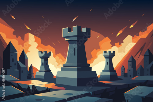 Epic chess battle scene where the rook is embodied as massive stone towers built from dark bricks and stone. Some towers are partially разрушed, fire burning through cracked walls, smoke and soot cove