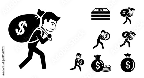 Money theft icon set with burglar carrying money bag and financial scales
