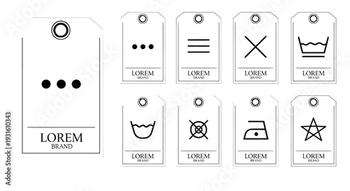 Clothing tag set with laundry care symbols and garment hanging labels
