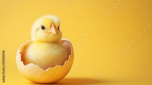 Yellow Chick Hatches From Eggshell on Bright Yellow Background During Springtime