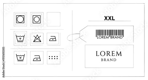 Clothing tag set with laundry care symbols and garment hanging labels
