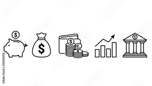 Financial and banking icon set with piggy bank money bag and growth chart
