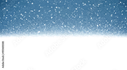 Snow falling against a blue sky with white background at the bottom for winter or christmas design