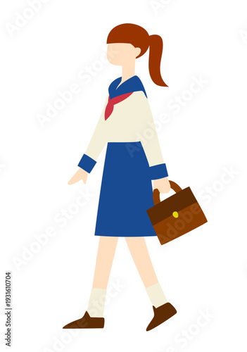 女子学生が歩いているフラットイラスト