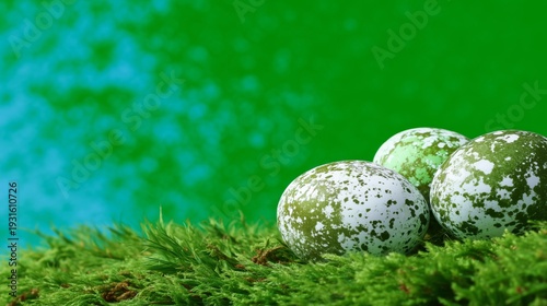 Painted Eggs Resting on Green Moss With Bright Background During Springtime C...