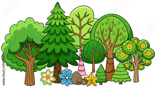 A cheerful family enjoying a picnic in a lush green forest on a sunny day isolated on white background, Vector