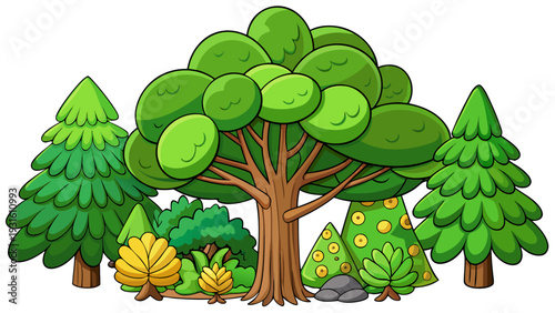 A serene forest scene with lush green trees and a small clearing isolated on white background, Vector