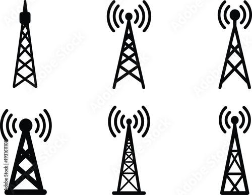 Communication tower silhouettes collection set, radio antenna icons, wireless signal transmission station, network telecommunication mast elements