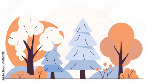 Autumn forest scene with falling leaves and a snowy mountain peak in the background isolated on white background, Vector