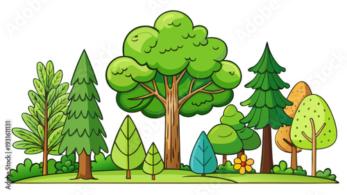 A serene forest scene with tall trees and a small clearing featuring a picnic setup. isolated on white background, Vector