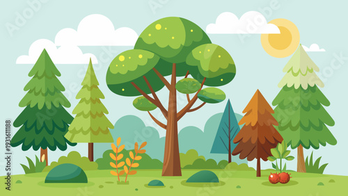 A serene park scene with people enjoying a sunny day near a lake and forest isolated on white background, Vector